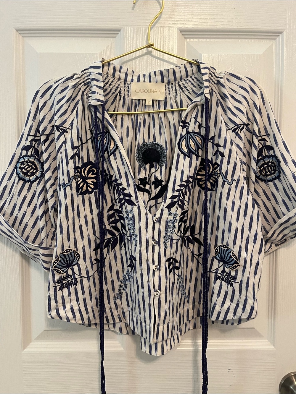 Carolina K Embroidered Striped Organic Cotton Boho Blouse Top Size S - Picture 3 of 12